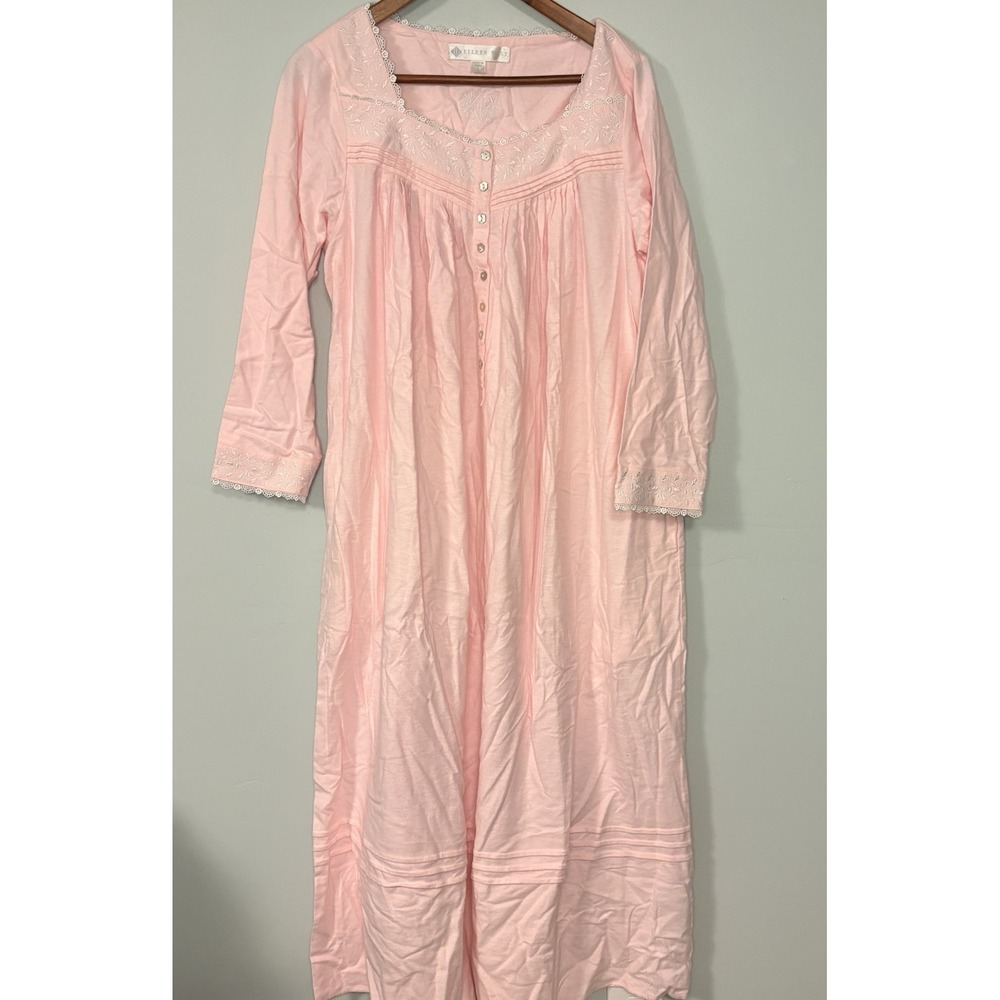 Eileen West Pink Long Sleeve Nightgown Button Front Soft Knit Sz Small Cotton